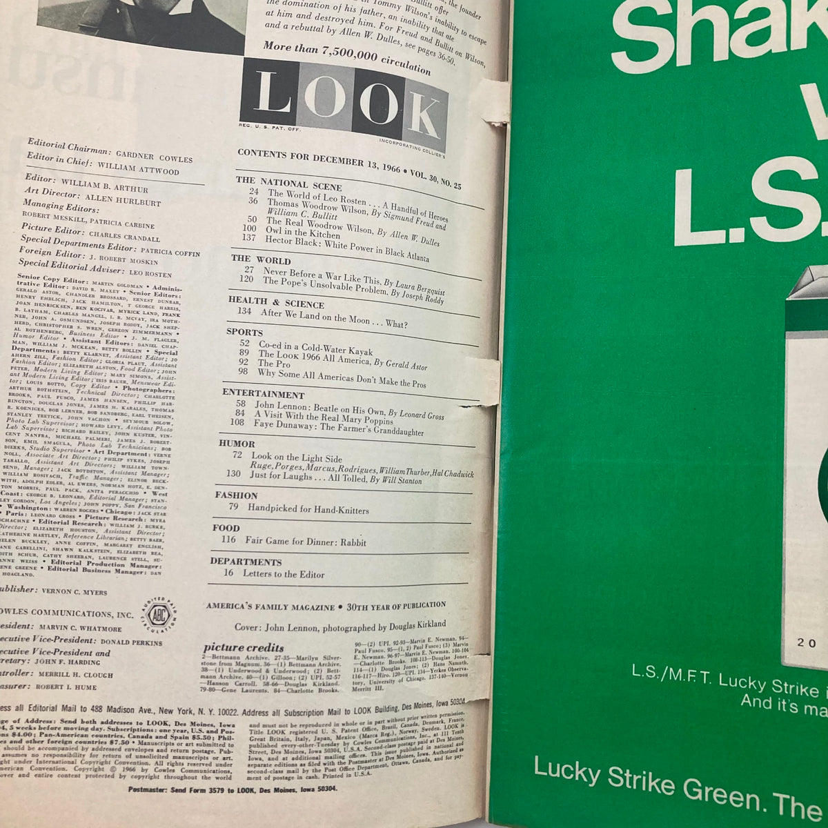 Interior page of VTG Look Magazine December 13 1966 featuring contents list for Volume 30 Number 25, highlighting articles including John Lennon and Sigmund Freud.