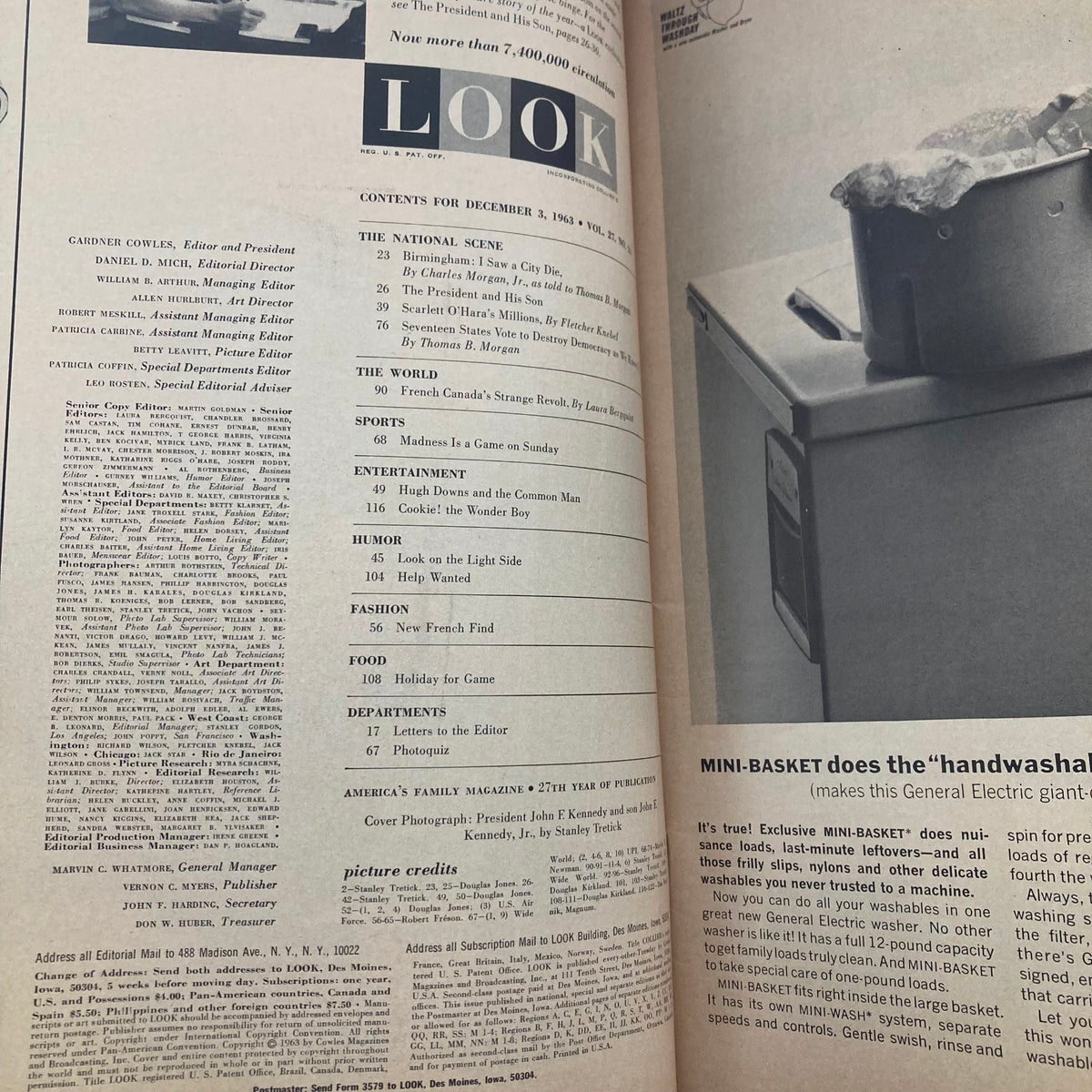 Inside page of VTG Look Magazine December 3, 1963 displaying the table of contents, highlighting features including 'The President and His Son' article.