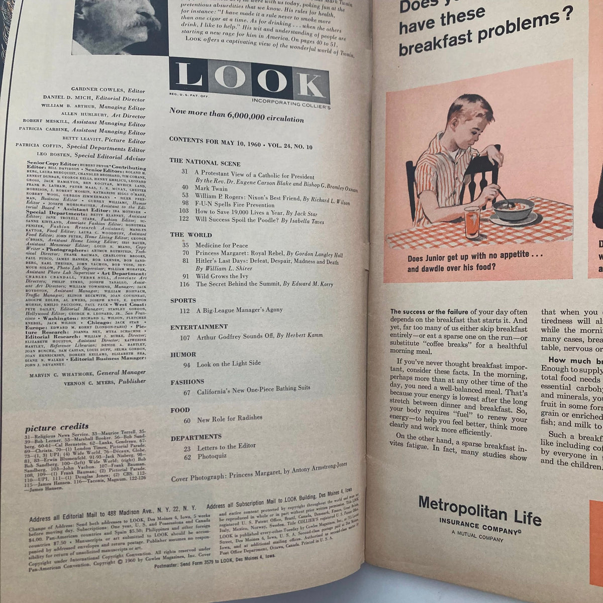 Interior page of Look Magazine May 10, 1960, Vol 24 No 10 showing the table of contents, featuring various articles including an insight on Princess Margaret.