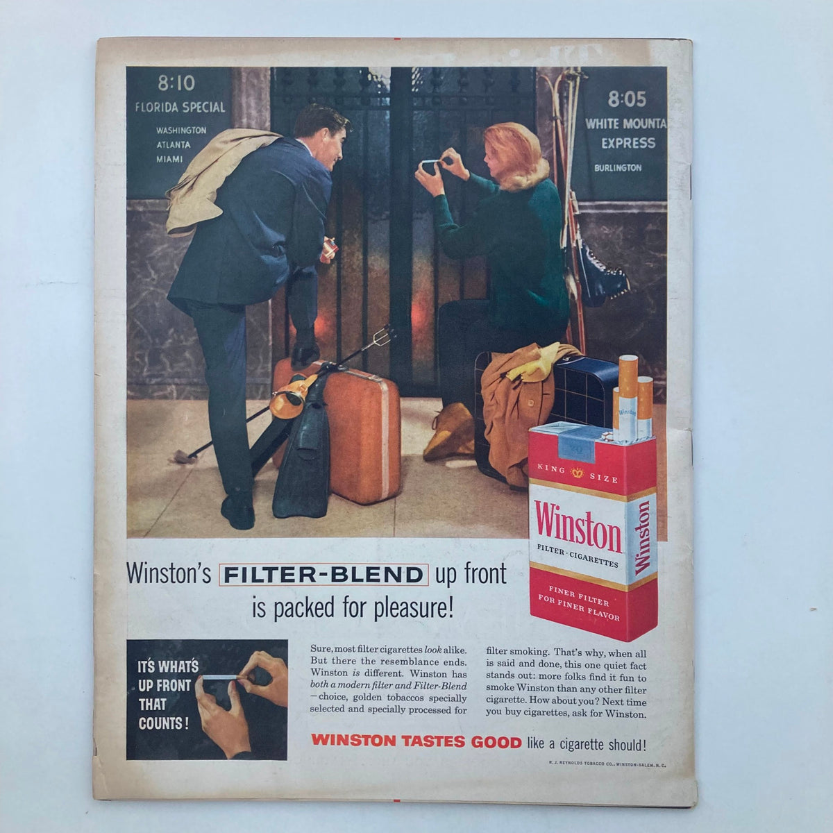 Back cover of the VTG Look Magazine January 19 1960 Vol 24 No. 2 showcasing an advertisement for Winston cigarettes with a vintage travel scene.