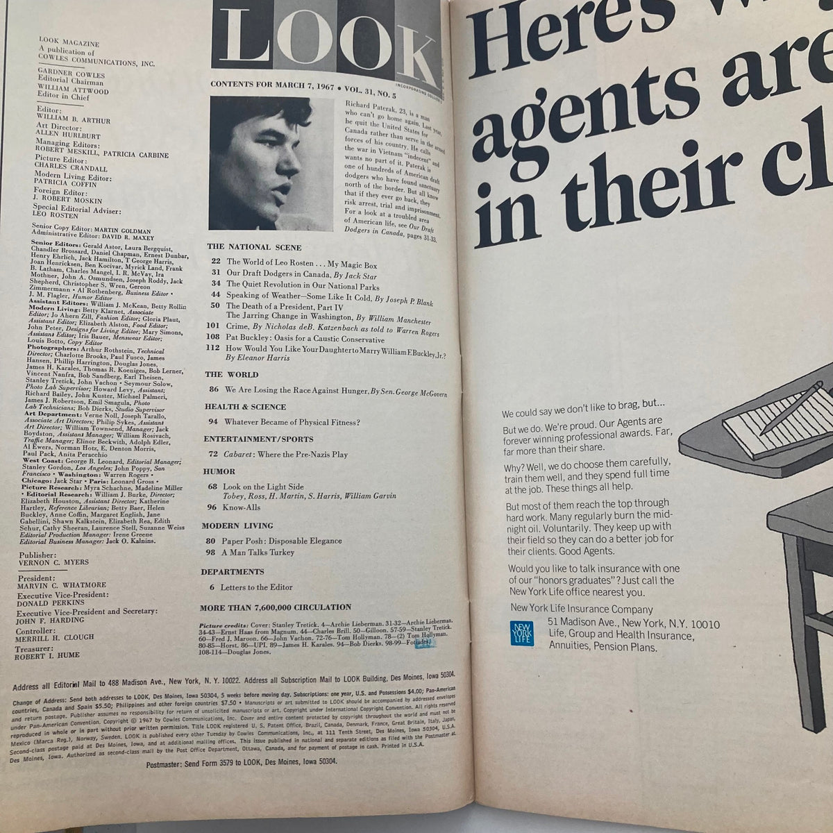 Inside page of VTG Look Magazine March 7, 1967, Vol 31 No 5 displaying the contents and feature articles, including insights into national issues and cultural commentary from the era.