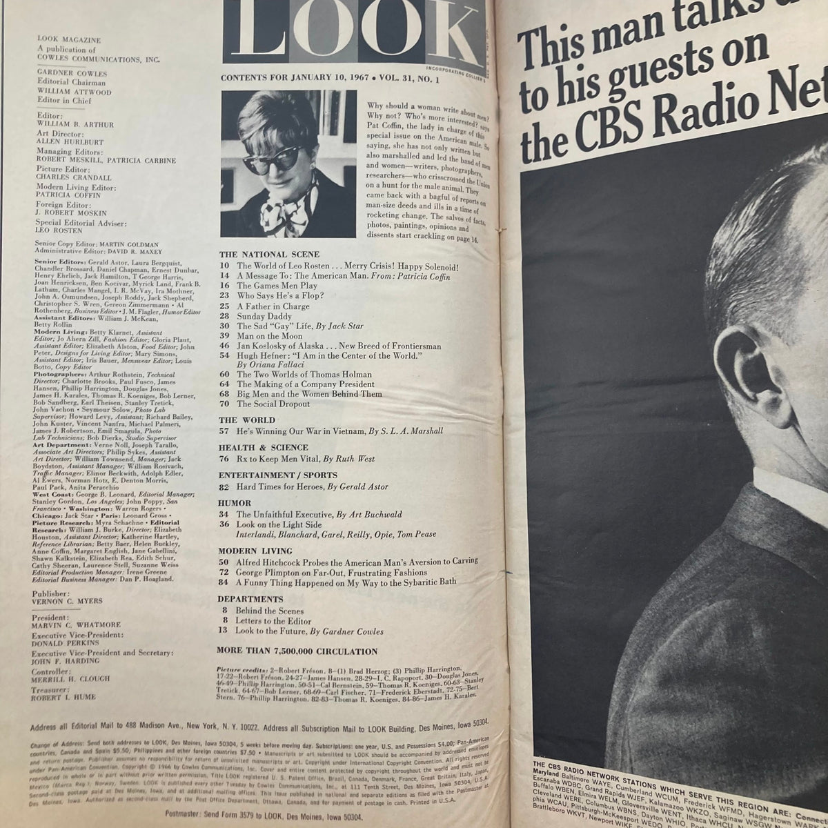 Table of contents from Look Magazine January 10, 1967, Vol 31 No. 1, detailing articles about American society and notable figures of the time.
