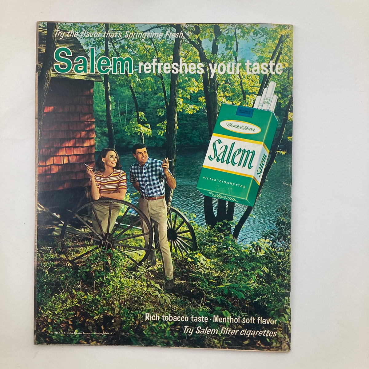 Vintage advertisement page for Salem cigarettes from the VTG Look Magazine January 24 1967 Vol 31 No. 2, showcasing a couple outdoors, promoting the product with the tagline 'Salem refreshes your taste'.