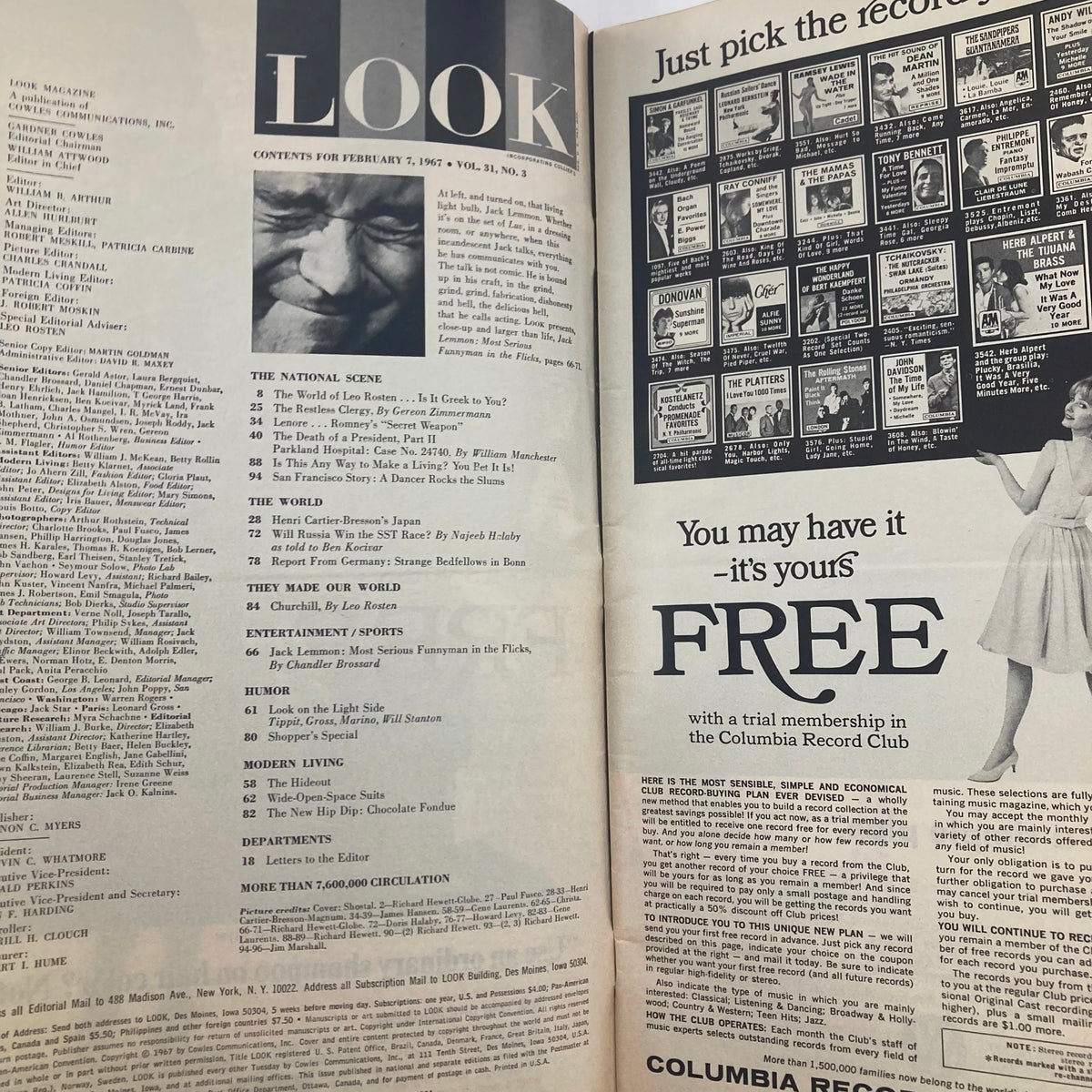 Inside pages of VTG Look Magazine February 7 1967 showcasing the table of contents for Volume 31, Number 3, highlighting sections related to national events and culture during JFK's time.