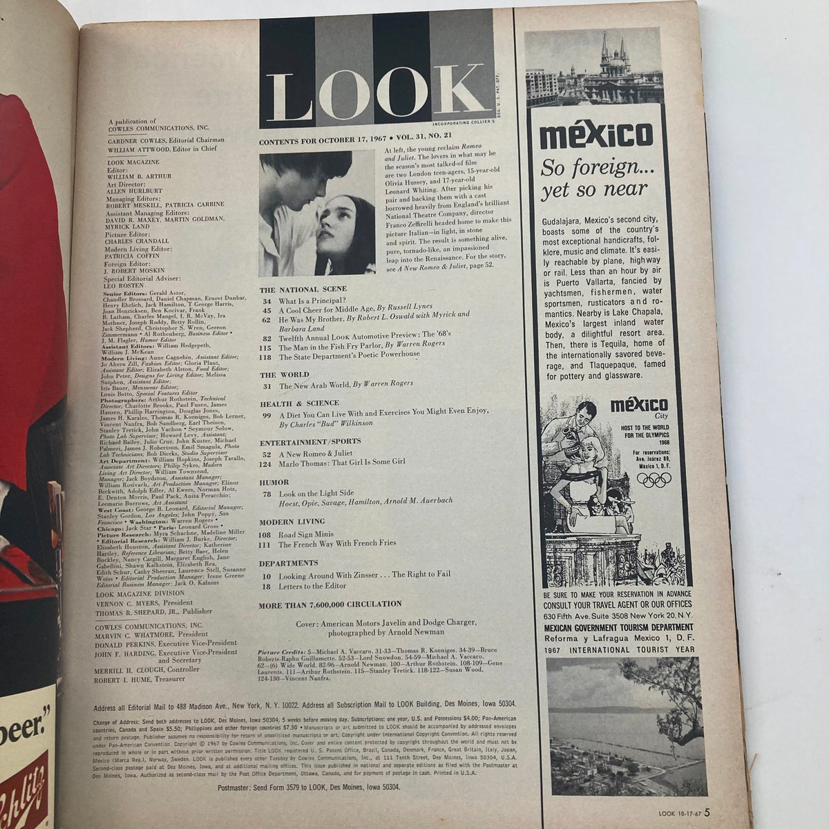 Table of contents page from VTG Look Magazine October 17 1967, Volume 31, Number 21, showcasing various articles and features of the magazine.