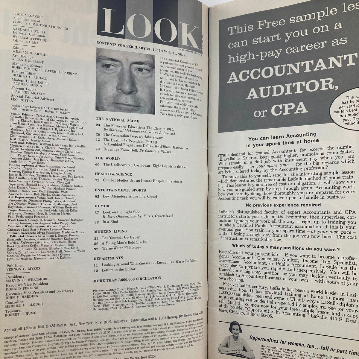 Interior page of VTG Look Magazine February 21, 1967, displaying the contents list including articles on the assassination of President Kennedy and other features in Volume 31, No. 4.