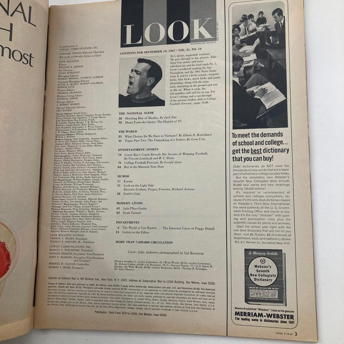 Inside page of VTG Look Magazine September 19 1967 Vol 31 No. 19 displaying the table of contents and articles.