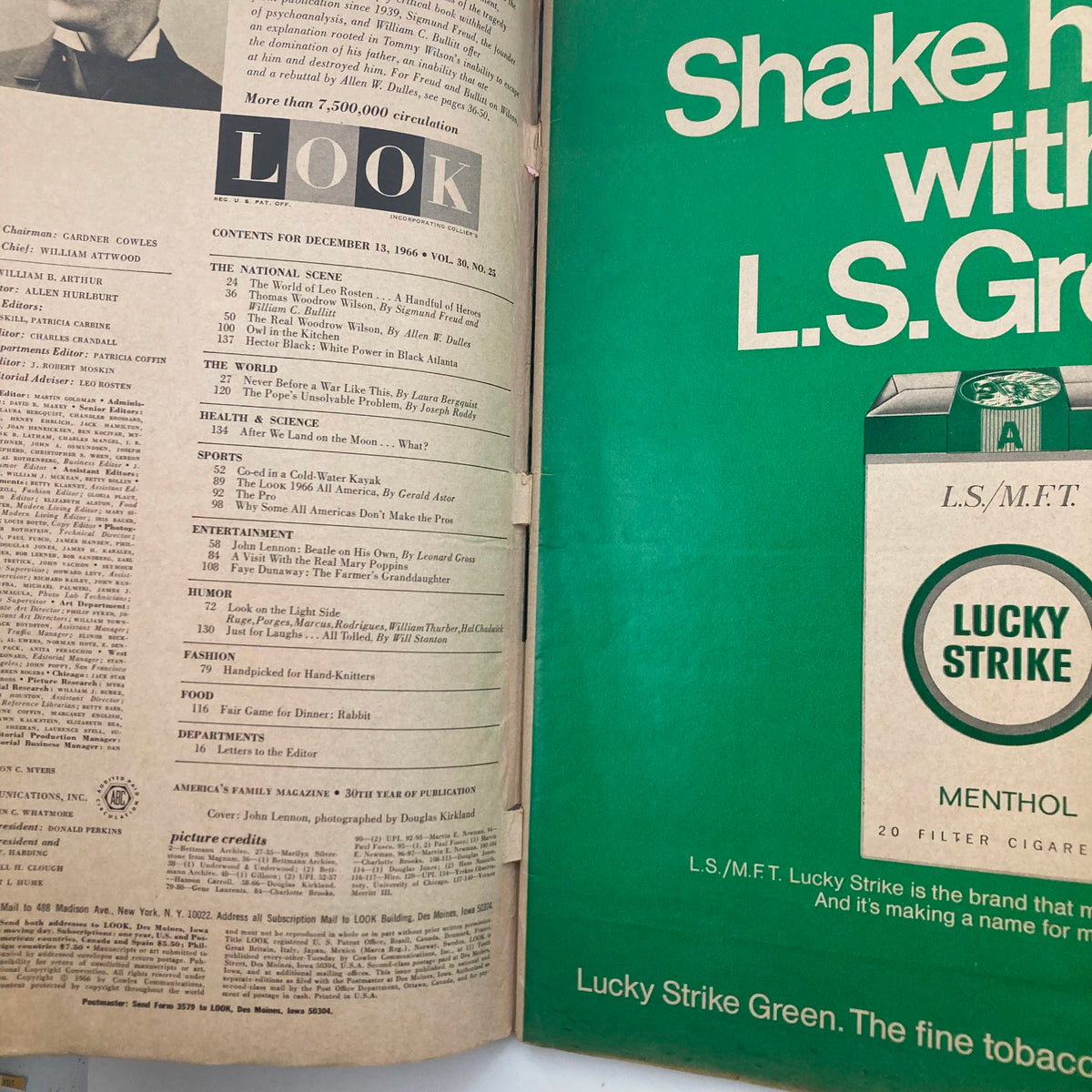 Inside pages of VTG Look Magazine December 13 1966 featuring the table of contents and advertisements, highlighting John Lennon, a shorn Beatle, Volume 30 No. 25.