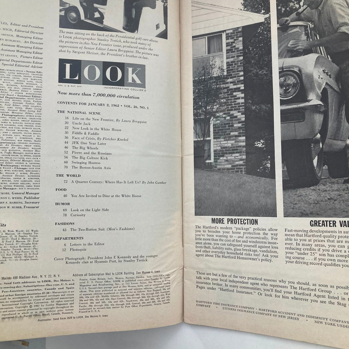 Inside spread of Look Magazine January 2, 1962, Vol 26 No. 1 detailing contents and articles, highlighting significant themes of the early 1960s.