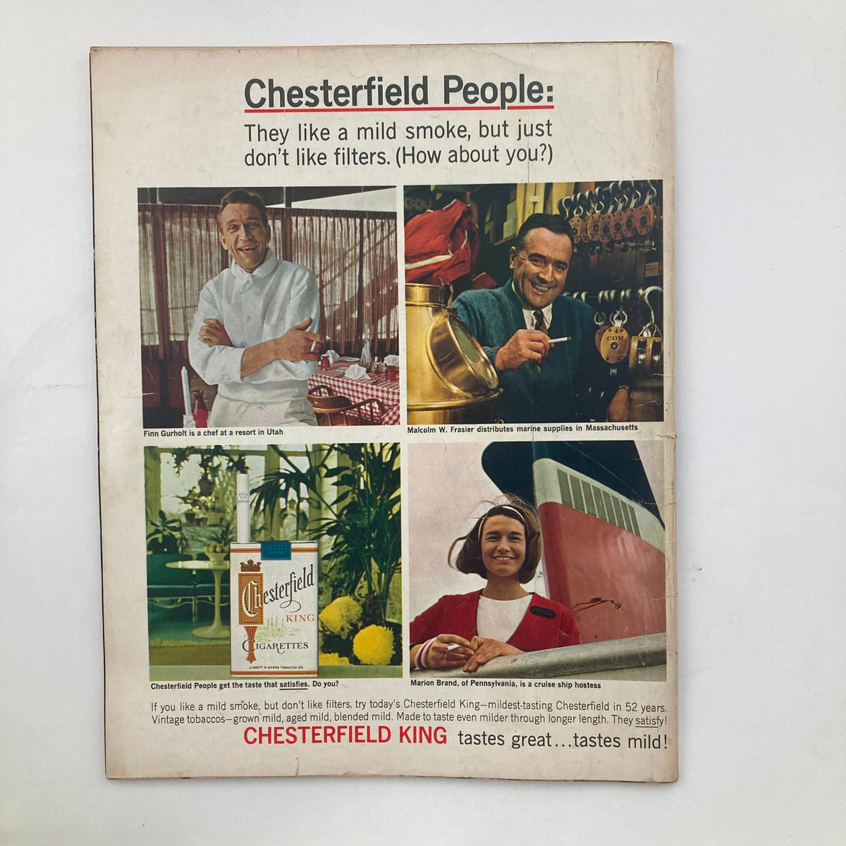 Back cover of the July 13, 1965 Look Magazine featuring an advertisement for Chesterfield cigarettes with images depicting various individuals enjoying life. Title: VTG Look Magazine July 13 1965 Vol 29 No. 14 Sean Connery & Claudine Auger.