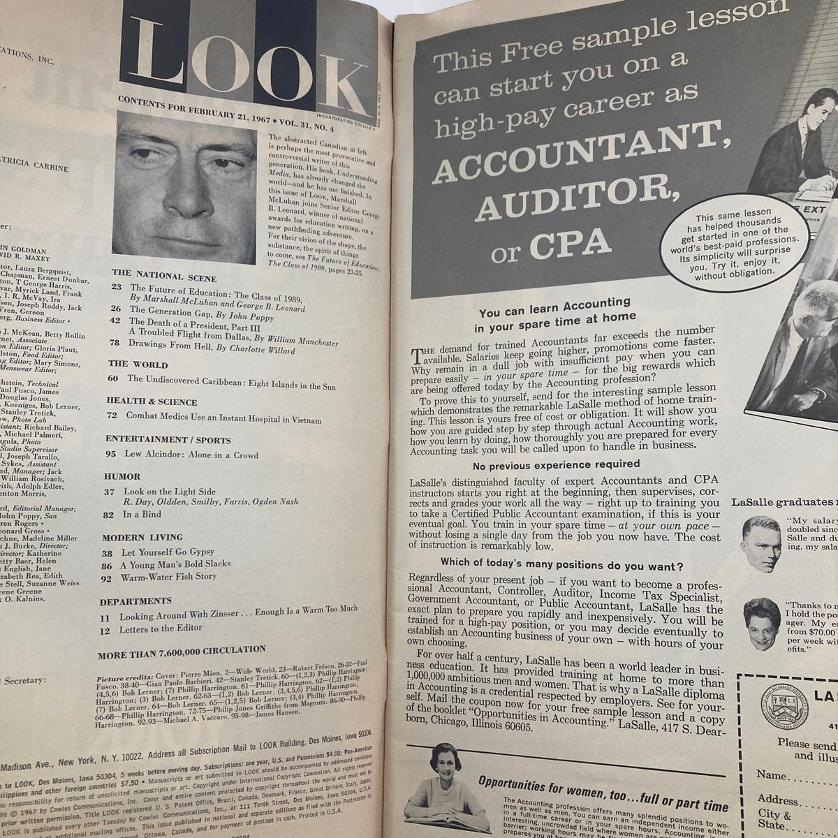 Interior page of VTG Look Magazine February 21 1967 featuring the table of contents and an advertisement for accounting careers.