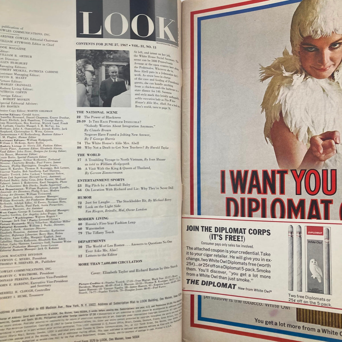Interior page of VTG Look Magazine June 27 1967 Vol 31 No. 13 featuring contents including articles on various topics and images, showcasing Elizabeth Taylor and Richard Burton.