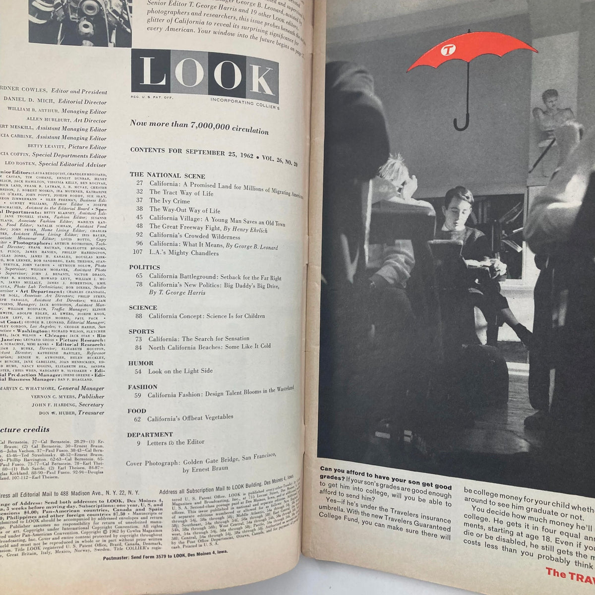 Inside page of VTG Look Magazine September 25 1962 Vol 26 No. 20 featuring contents overview related to the far-right movement in California.