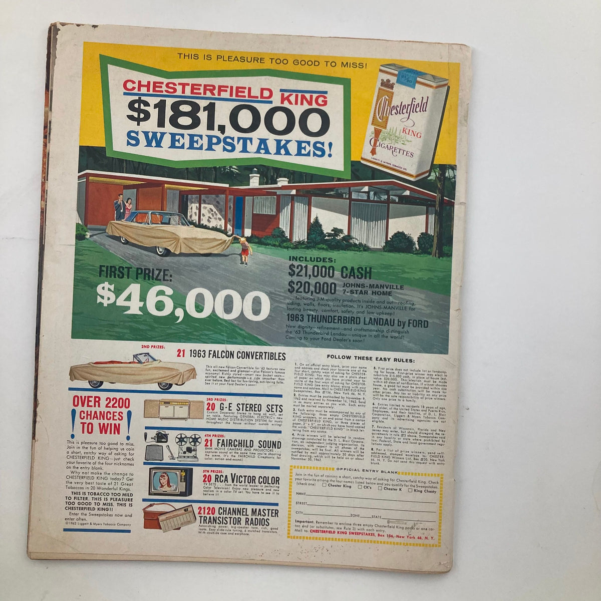 Back cover of VTG Look Magazine September 25 1962 Vol 26 No. 20 highlighting a Chesterfield King $181,000 sweepstakes with cash prizes and a 1963 Thunderbird.