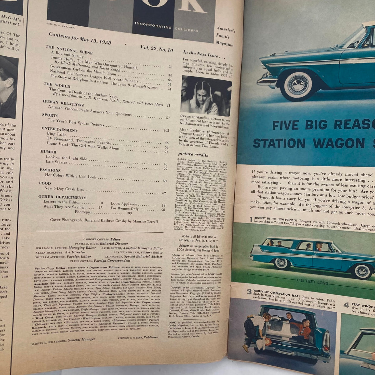 Inside page of VTG Look Magazine May 13 1958 Vol 22 No. 10 displaying contents including articles, photographs, and features from the era.