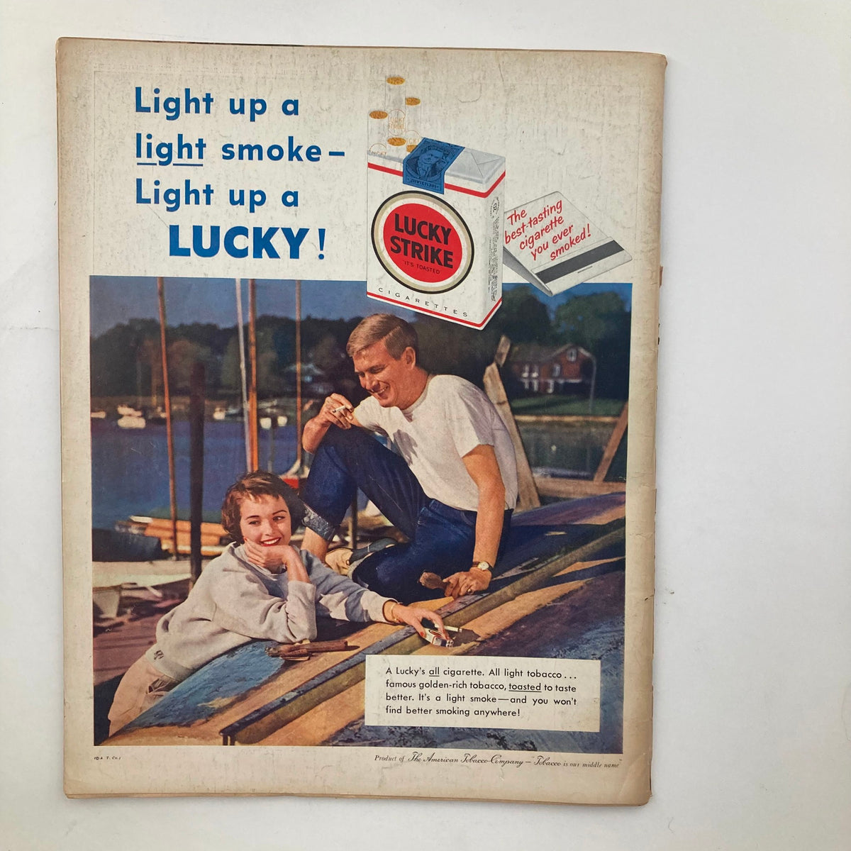 Vintage advertisement in VTG Look Magazine May 13 1958 Vol 22 No. 10 promoting Lucky Strike cigarettes, capturing mid-century marketing aesthetics.
