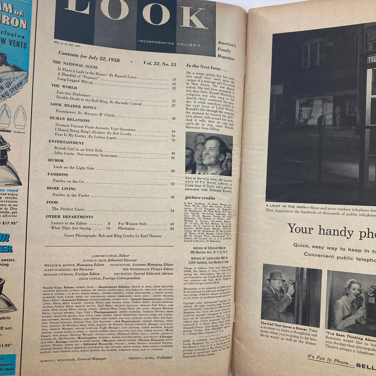 Inside page of VTG Look Magazine July 22 1958 displaying the table of contents, including articles and features related to lifestyle, entertainment, and culture of the 1950s.
