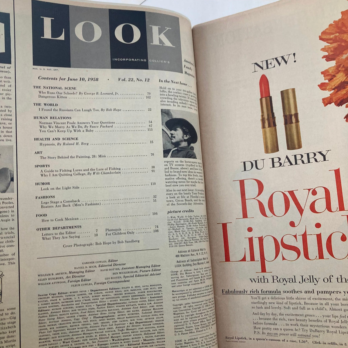 Interior page of VTG Look Magazine June 10 1958 Vol 22 No. 12 featuring contents including articles, advertisements, and a cover photo by Bob Hope, showcasing the cultural aspects of the 1950s.