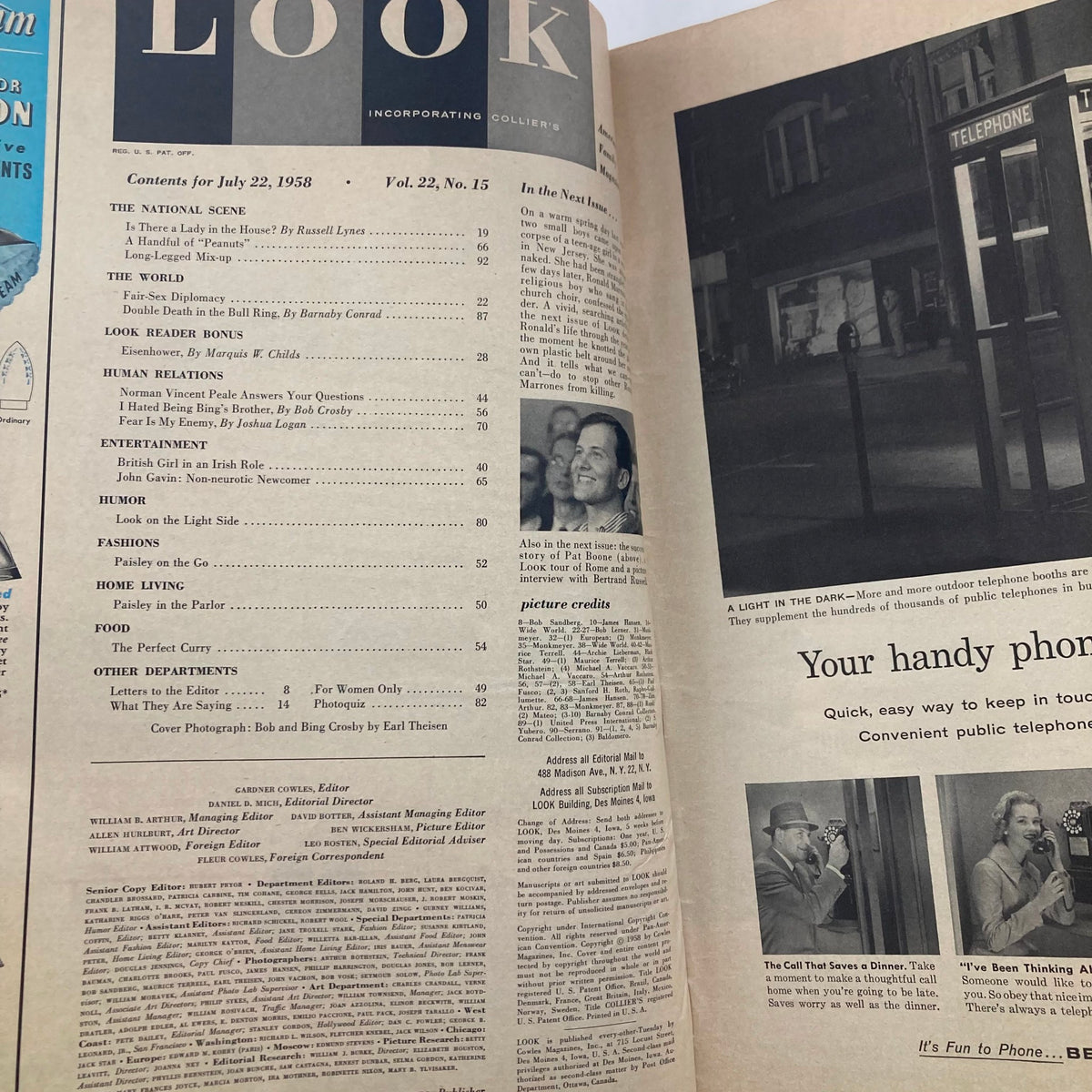 Inside page of VTG Look Magazine July 22 1958 Vol 22 No 15 showing the table of contents with featured articles and contributions.