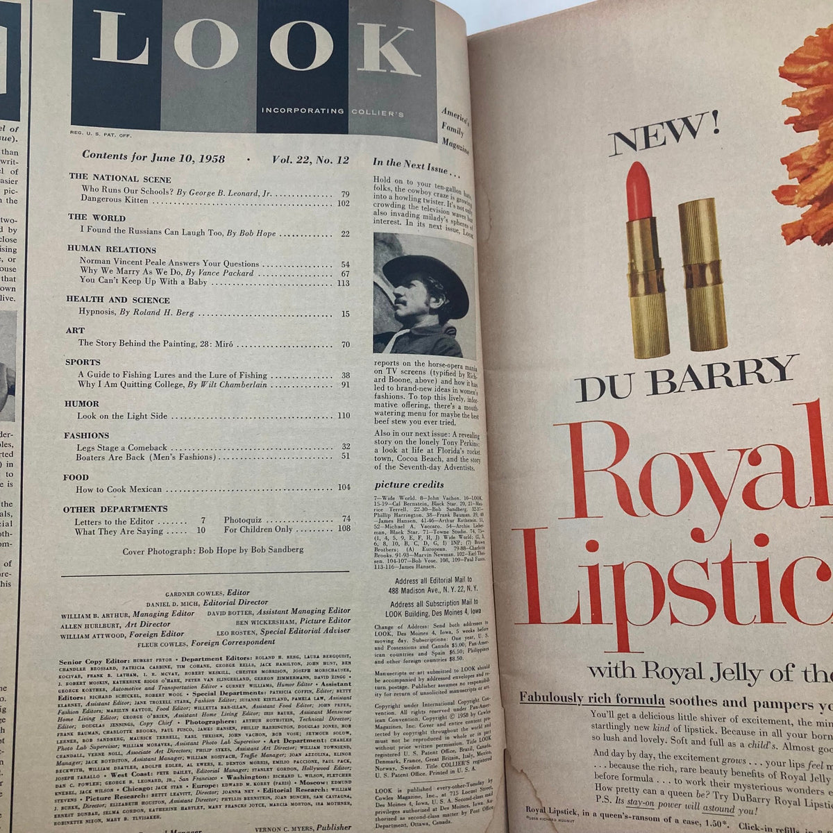 Inside page of VTG Look Magazine June 10 1958 Vol 22 No. 12 showcasing the table of contents and advertisements, including an article featuring Bob Hope.
