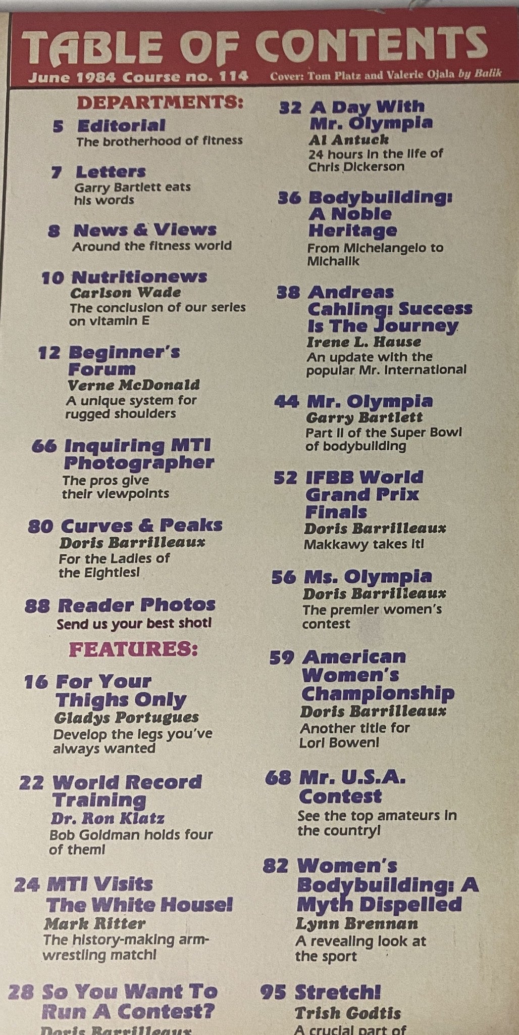 Table of Contents for Muscle Training Illustrated Magazine June 1984, showcasing departments and features including editorial, nutrition, and special articles on bodybuilding topics.