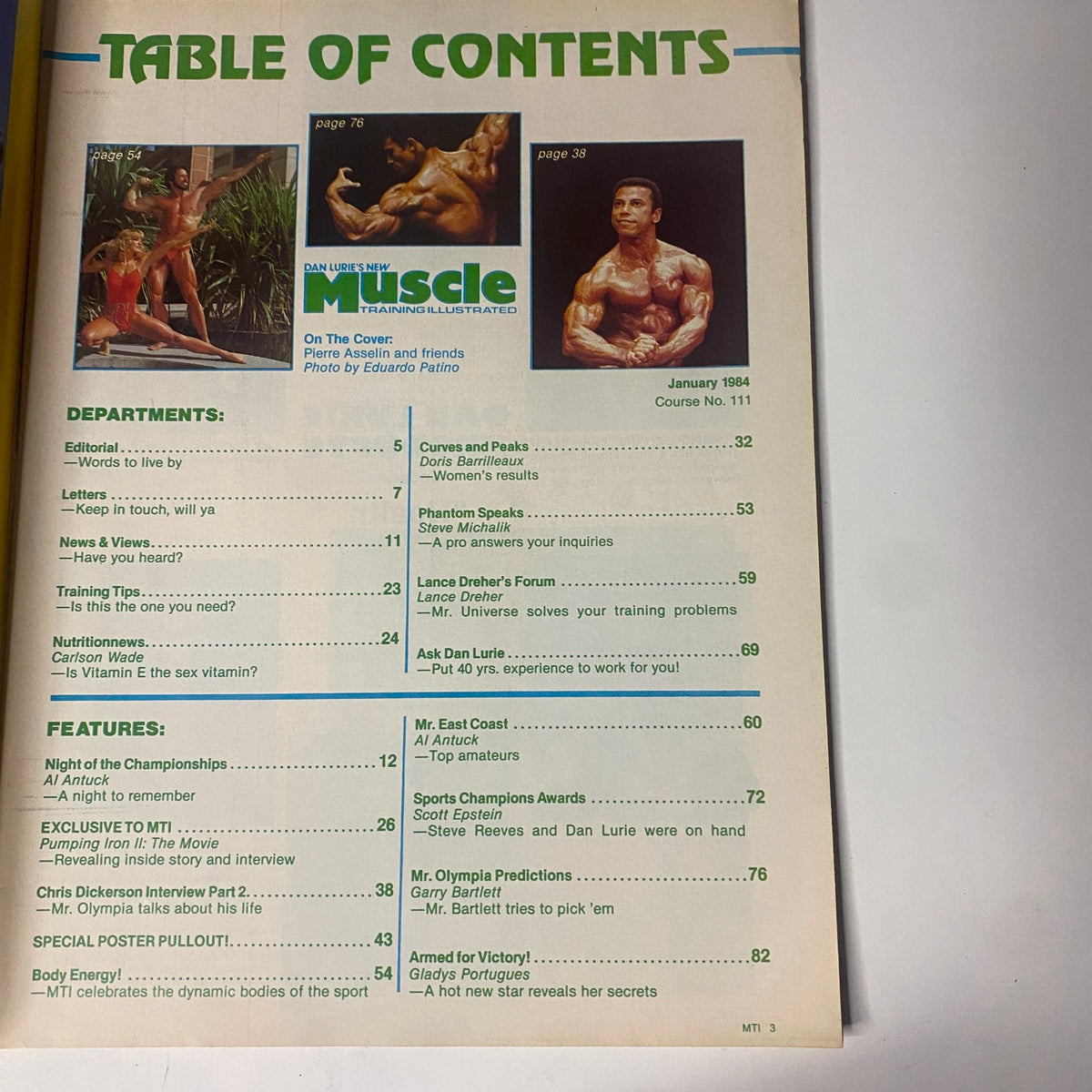 Table of contents for Muscle Training Illustrated January 1984 No. 111, detailing featured departments and articles related to bodybuilding and fitness.