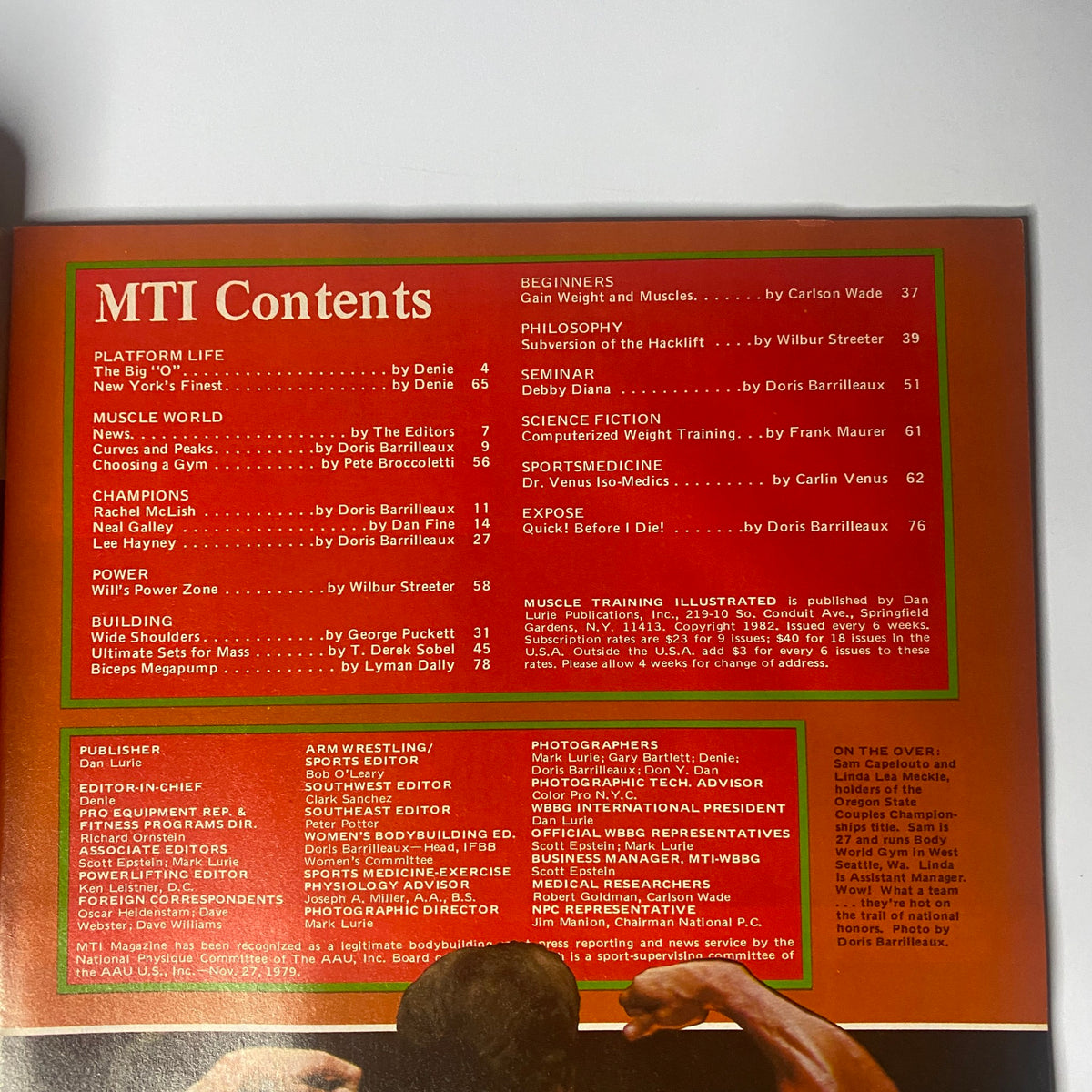 Table of contents from Muscle Training Illustrated May 1983, highlighting various articles on bodybuilding, nutrition, and fitness written by noted authors.