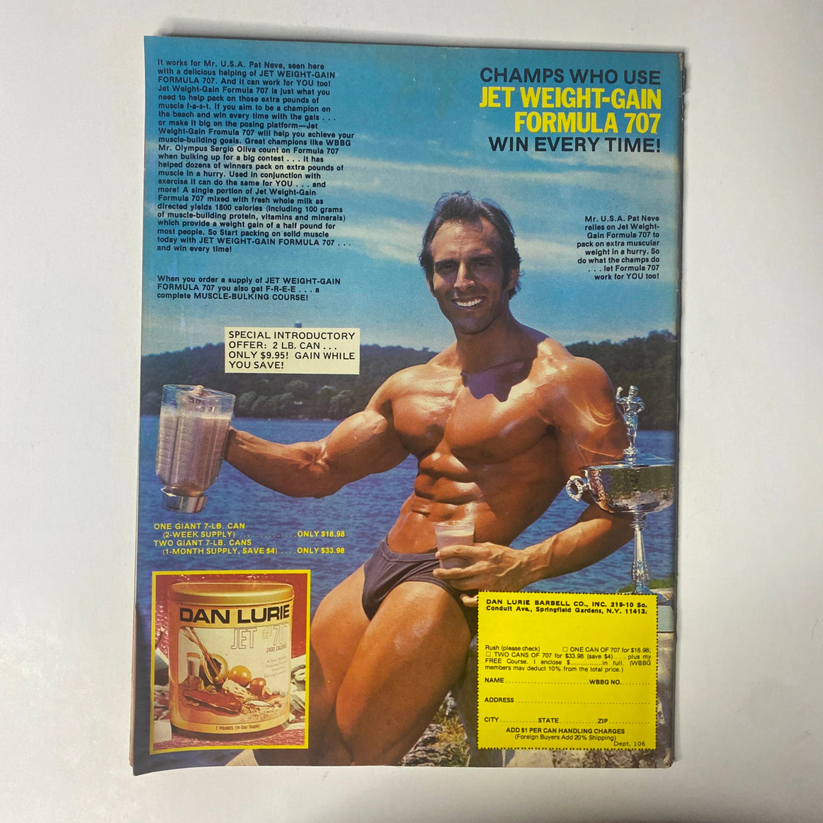 Advertisement from Muscle Training Illustrated May 1983 promoting Jet Weight-Gain Formula 707, featuring a muscular man showcasing fitness and bodybuilding culture.