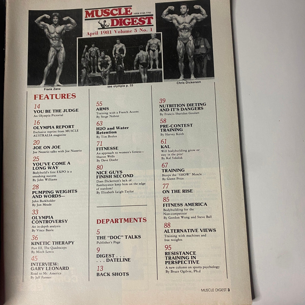 Inside page of Muscle Digest Magazine April 1981 Vol 5 No. 1 listing the table of contents including features like 'You Be the Judge' and 'Olympia Report'.