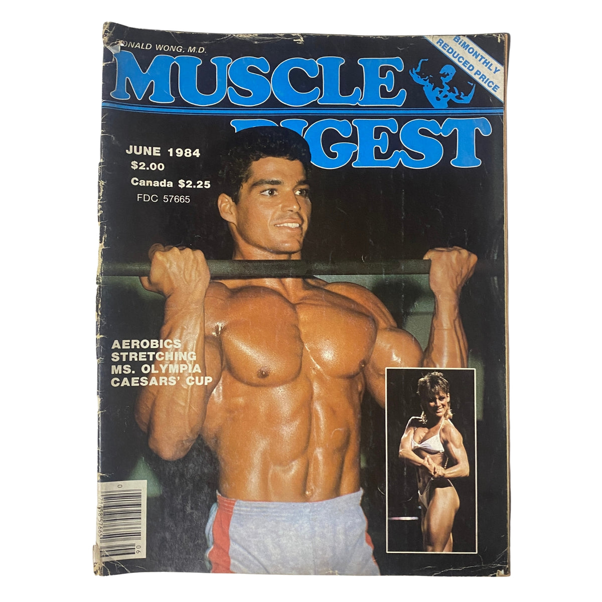 Cover of Muscle Digest Magazine June 1984 featuring a muscular man exercising with a barbell. The magazine includes features on aerobics, stretching, and the Ms. Olympia competition.