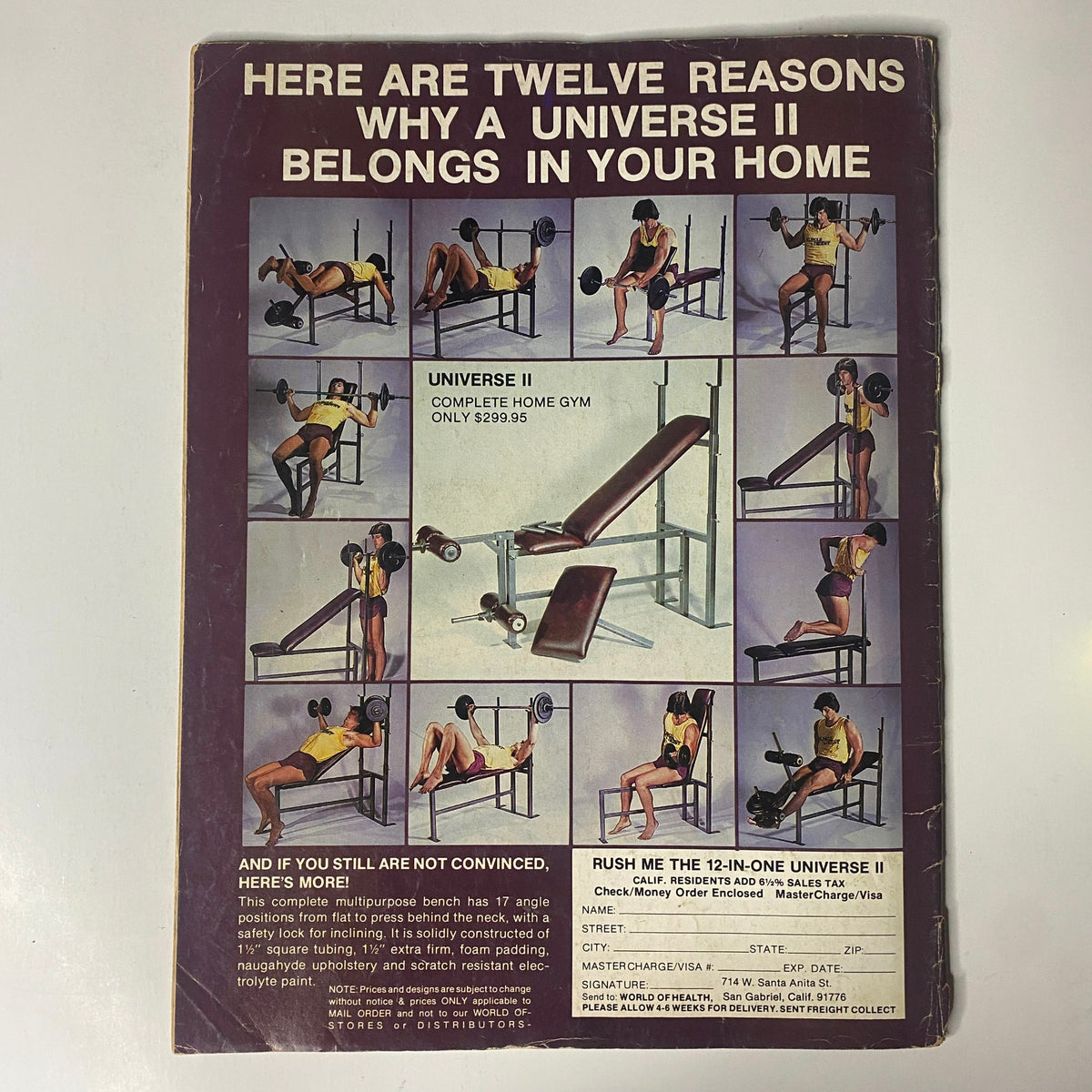 Back cover of Muscle Digest Magazine June 1984 advertising the Universe II home gym equipment. The design features various exercises demonstrating the gym's capabilities.
