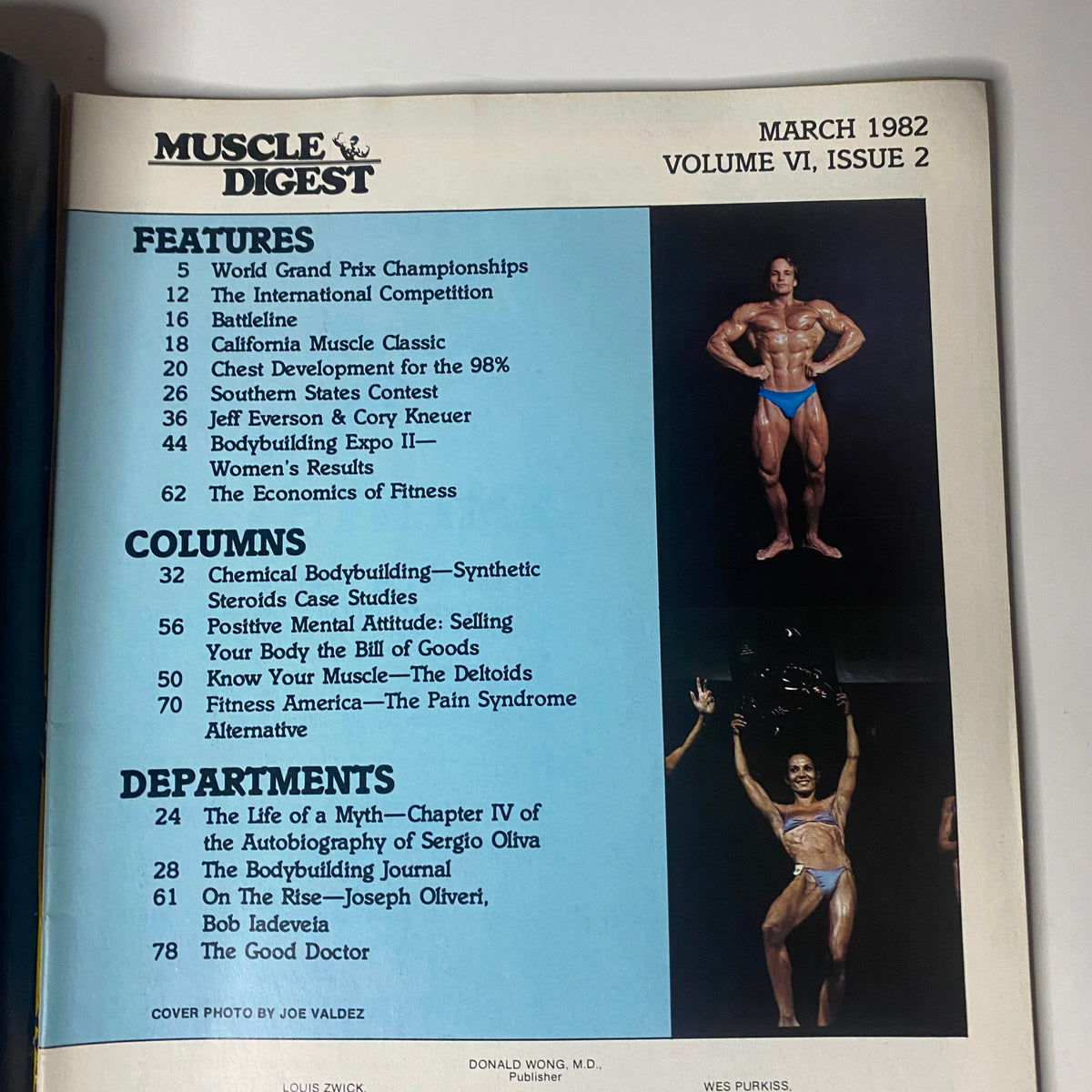 Cover of Muscle Digest Magazine March 1982 Vol 6 No. 2 featuring various bodybuilding competition highlights including the World Grand Prix Championships and articles related to fitness and muscle development.