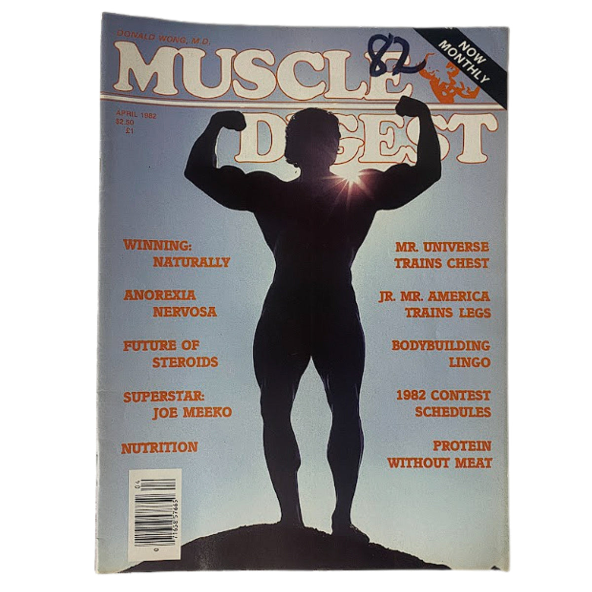 Muscle Digest Magazine April 1982 Vol 6 No. 3 cover showcasing a bodybuilder silhouette and featuring article highlights such as 'Winning: Naturally' and 'Future of Steroids'.