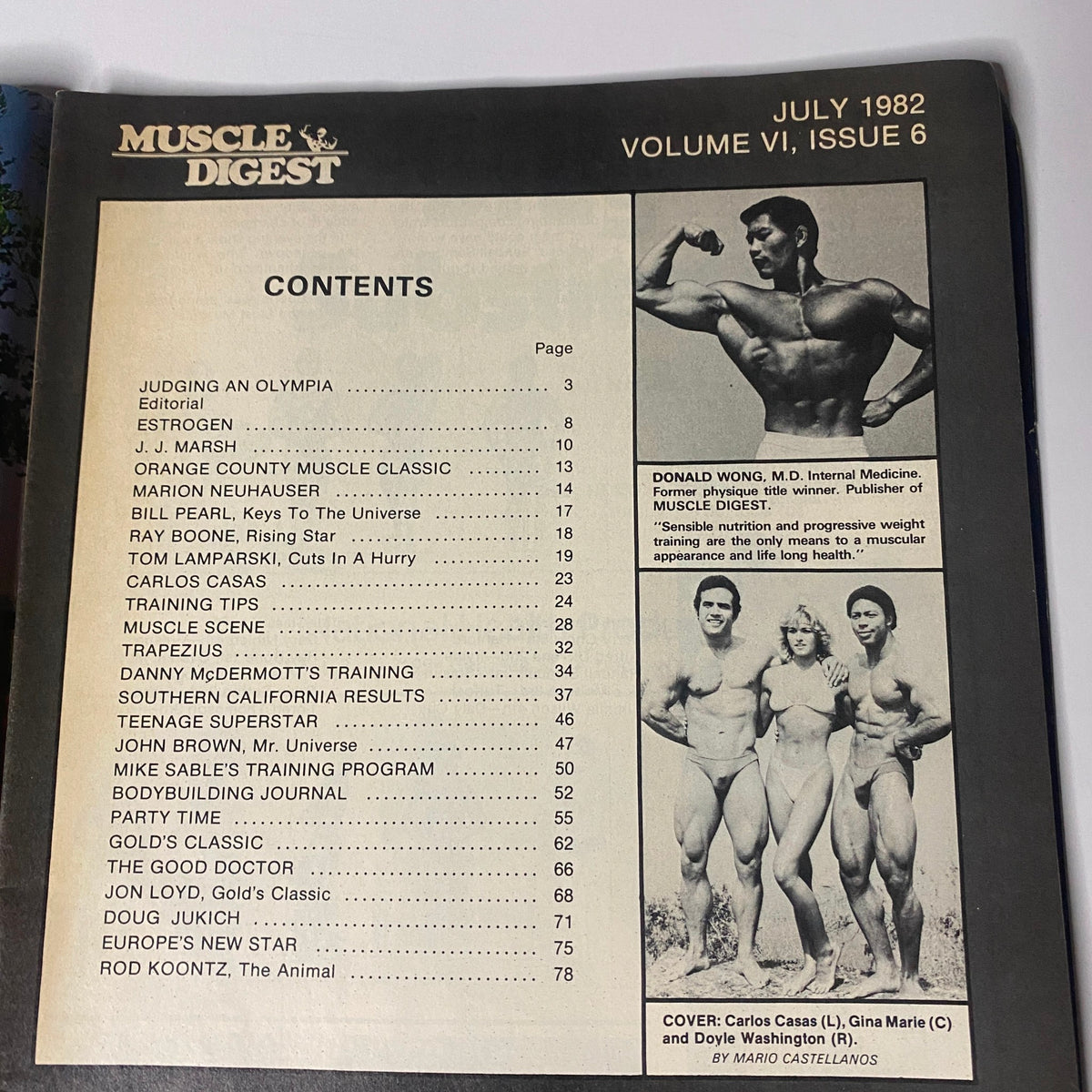 Table of Contents page from Muscle Digest Magazine July 1982 outlining featured articles including Judging an Olympia, Estrogen, and Teenage Superstar.