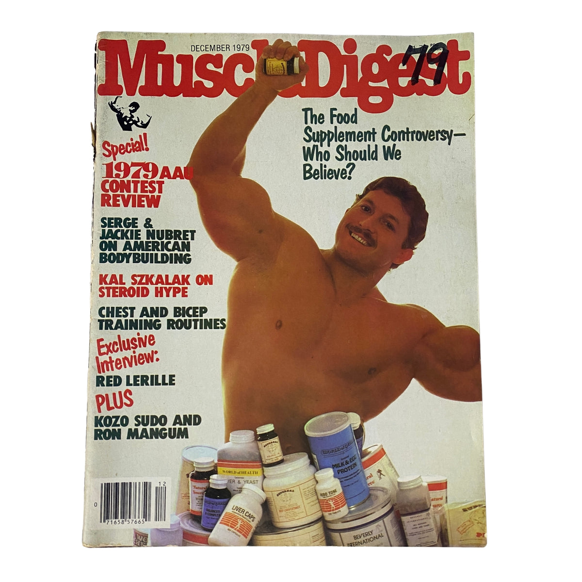 Cover of Muscle Digest Magazine December 1979 featuring Kalman Szkalak with the title and articles including 1979 AAU Contest Review and the Food Supplement Controversy.