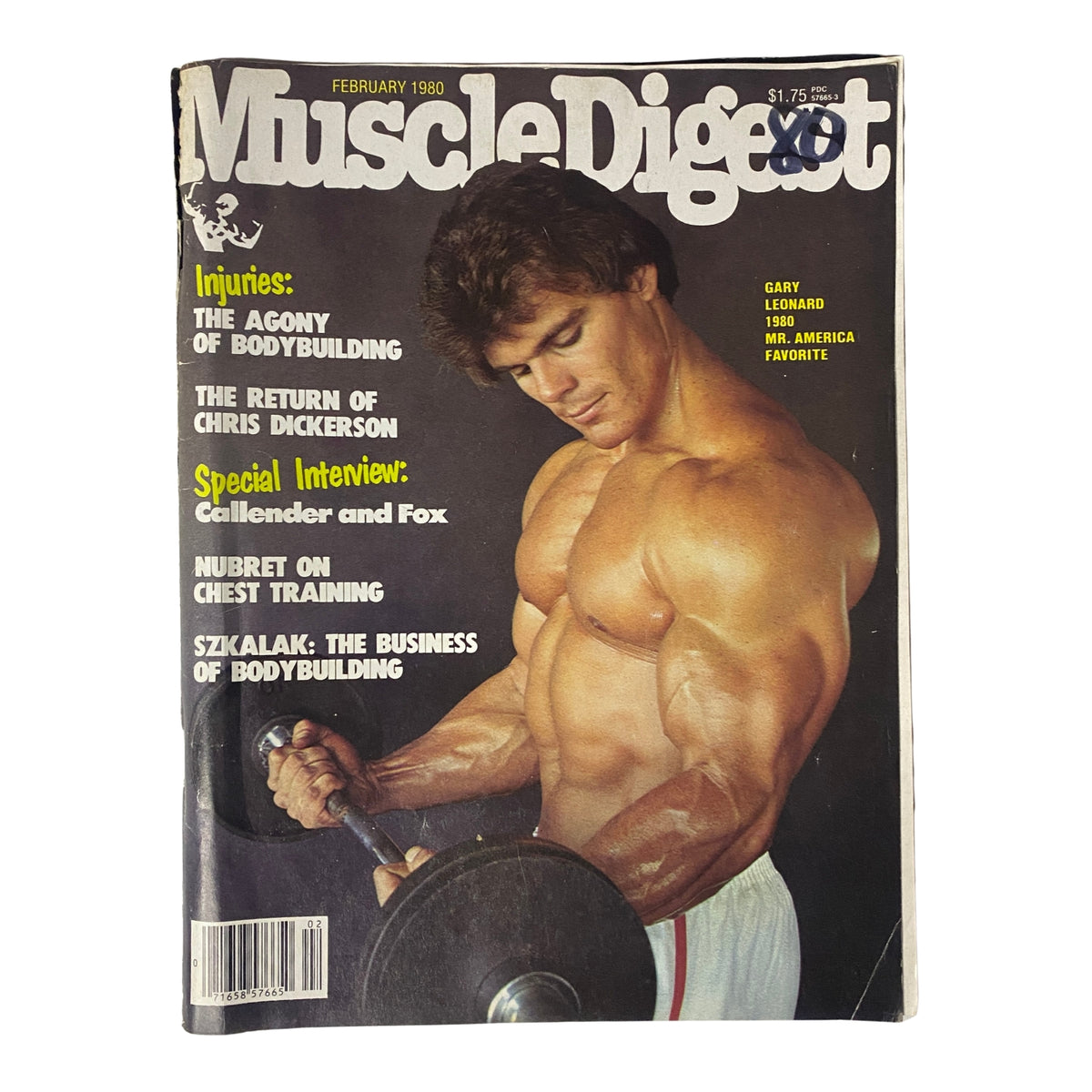 Muscle Digest Magazine February 1980 featuring Gary Leonard on the cover, showcasing bodybuilding articles including injuries, Chris Dickerson, and a special interview with Callender and Fox.