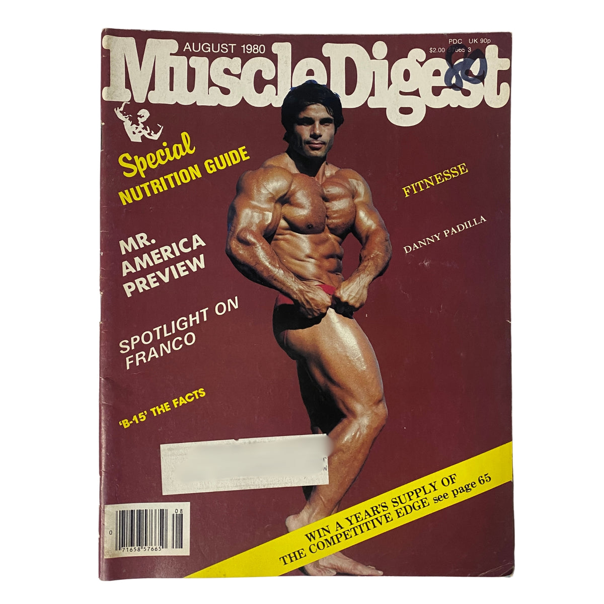 Cover of Muscle Digest Magazine August 1980 Vol 4 No 4 featuring Franco Columbu, includes nutritional guide and fitness tips.
