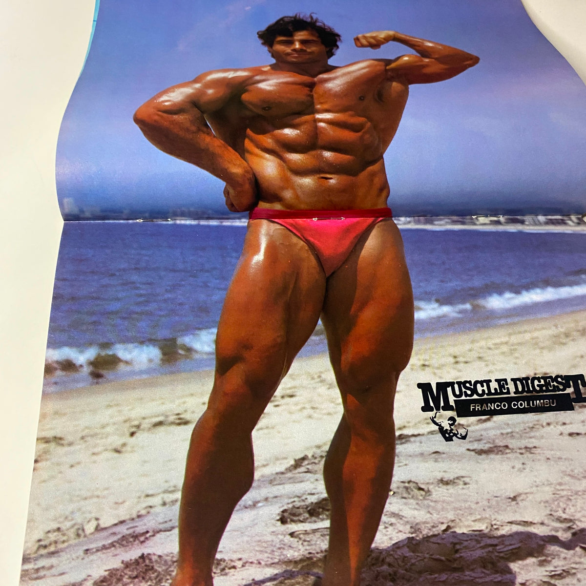 Centerfold of Muscle Digest Magazine August 1980 Vol 4 No 4 showcasing Franco Columbu flexing on the beach in a competitive pose.