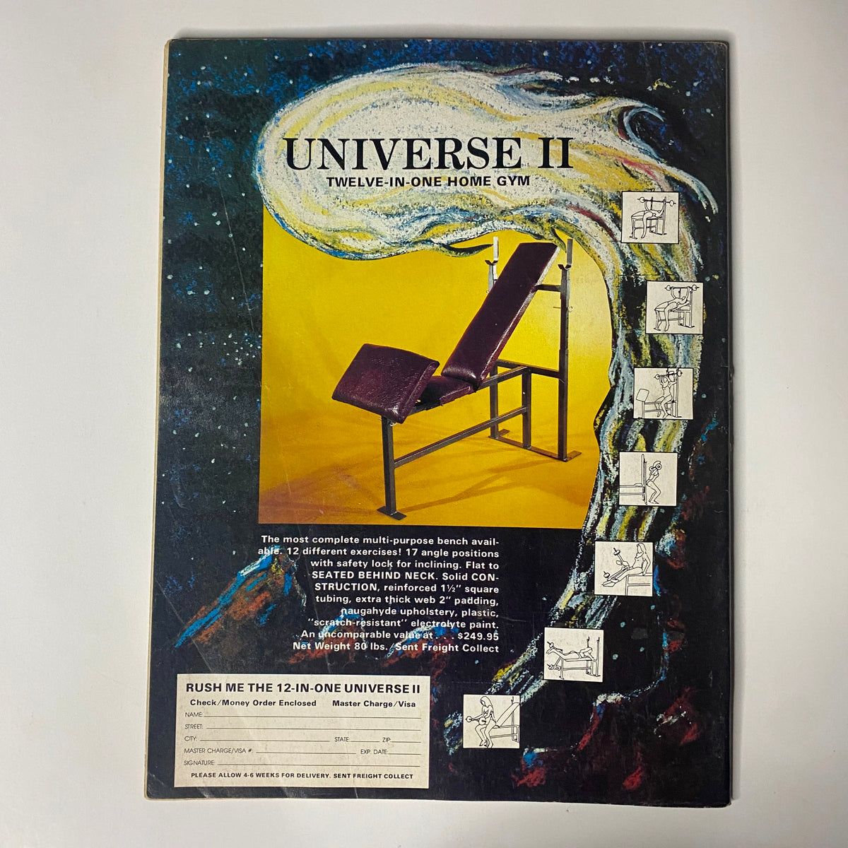 Back cover of Muscle Digest Magazine August 1980 Vol 4 No. 4 featuring the Universe II twelve-in-one home gym advertisement, highlighting its multifunctional features and promoting fitness.