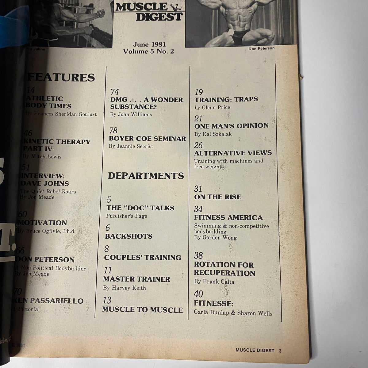 Inside page of June 1981 Muscle Digest magazine, displaying the table of contents including features such as 'Kinetic Therapy' and 'Motivation', with the title "Muscle Digest Magazine June 1981 Dave Johns w Centerfold GD Interior".