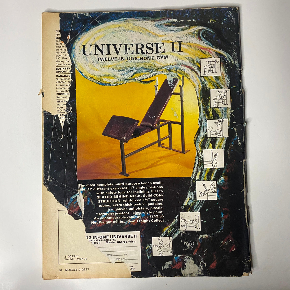 Back cover of June 1981 Muscle Digest magazine promoting the Universe II multi-purpose bench, featuring a colorful advertisement, related to fitness and training equipment under the title "Muscle Digest Magazine June 1981 Dave Johns w Centerfold GD Interior".