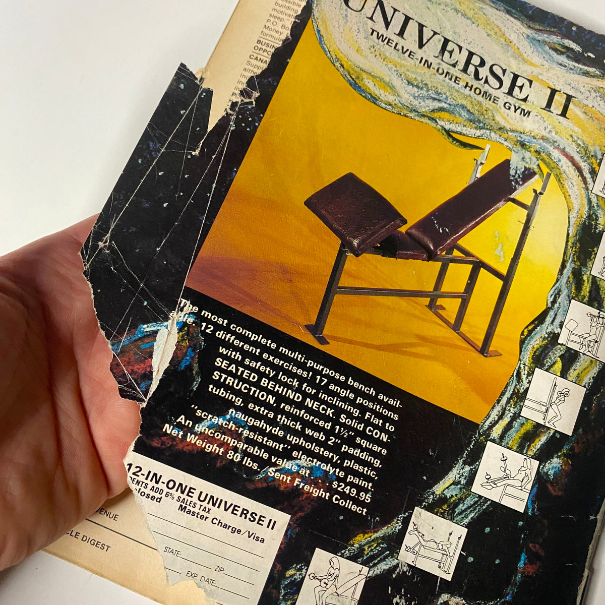 Close-up image of the back cover advertisement in June 1981 Muscle Digest magazine for the Universe II multipurpose workout machine, showcasing features and benefits, associated with the title "Muscle Digest Magazine June 1981 Dave Johns w Centerfold GD Interior".
