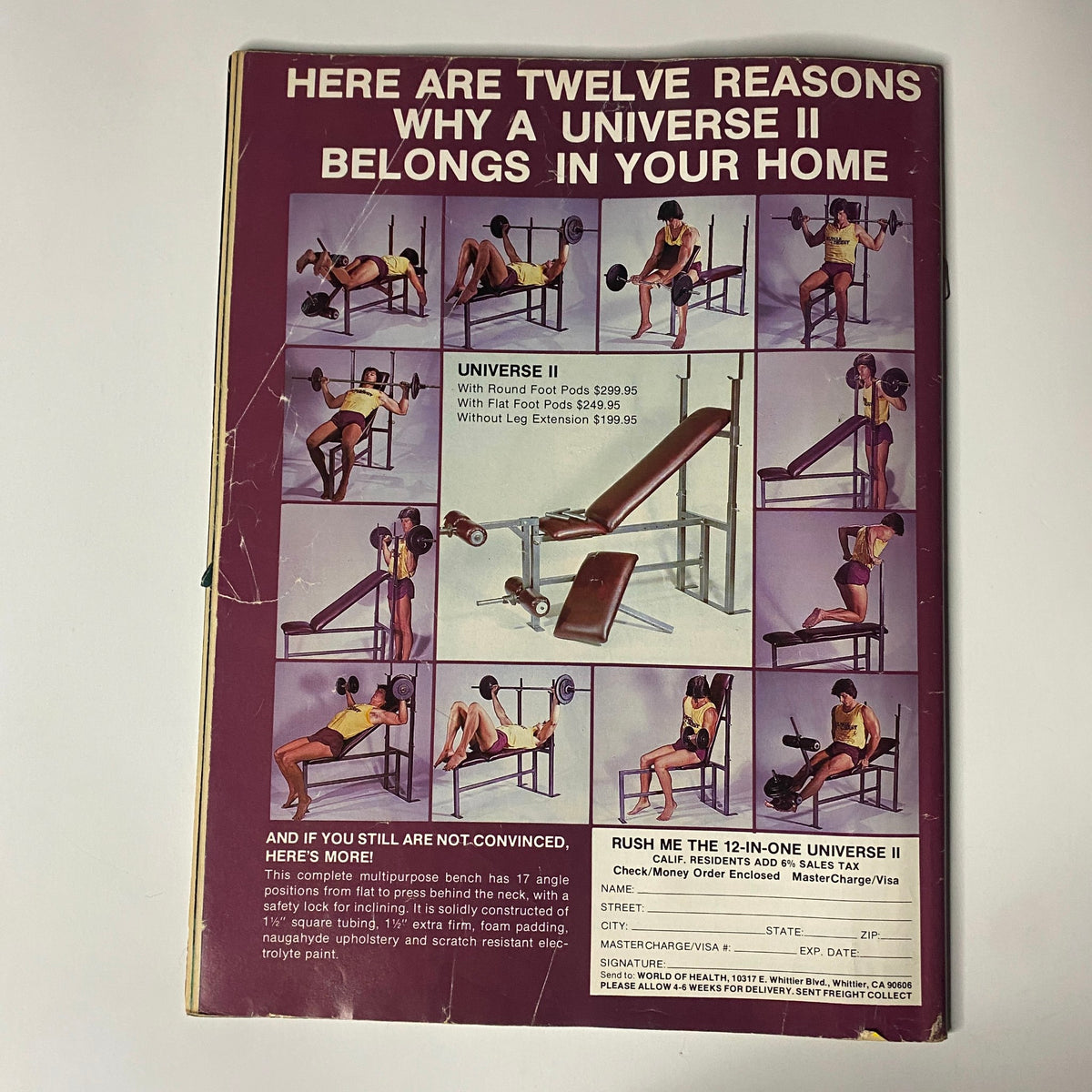 Back cover of Muscle Digest Magazine December 1981 displaying advertisements for gym equipment and fitness solutions, highlighting the Universe II home exercise system.
