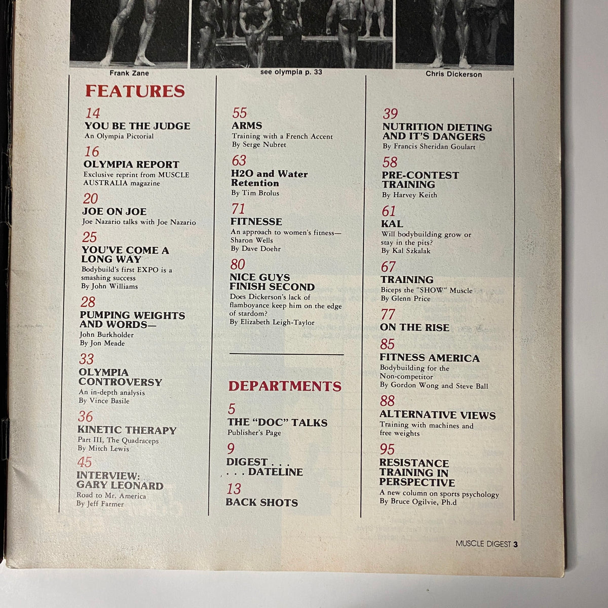 Table of contents from Muscle Digest Magazine April 1981 detailing features including an interview with Gary Leonard.