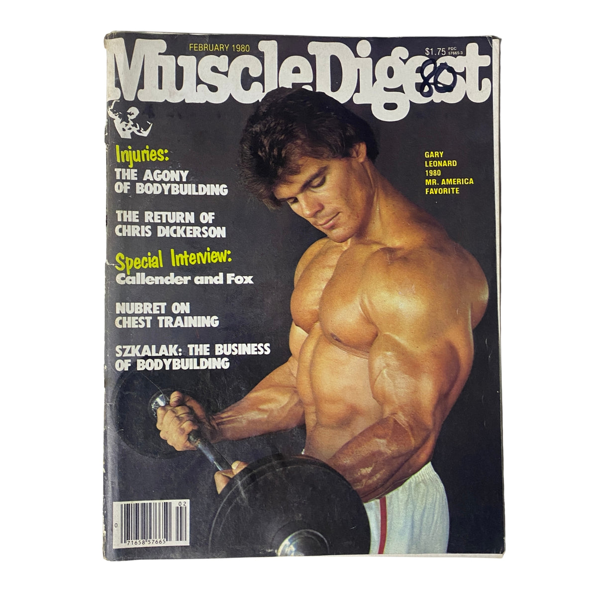 Cover of Muscle Digest Magazine February 1980 featuring Gary Leonard showcasing bodybuilding, with the headline focusing on injuries and the return of Chris Dickerson.