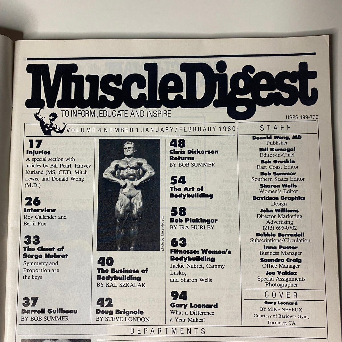 Table of contents from Muscle Digest Magazine February 1980, outlining articles on bodybuilding, including contributions from prominent figures like Roy Callender and Bob Summer.