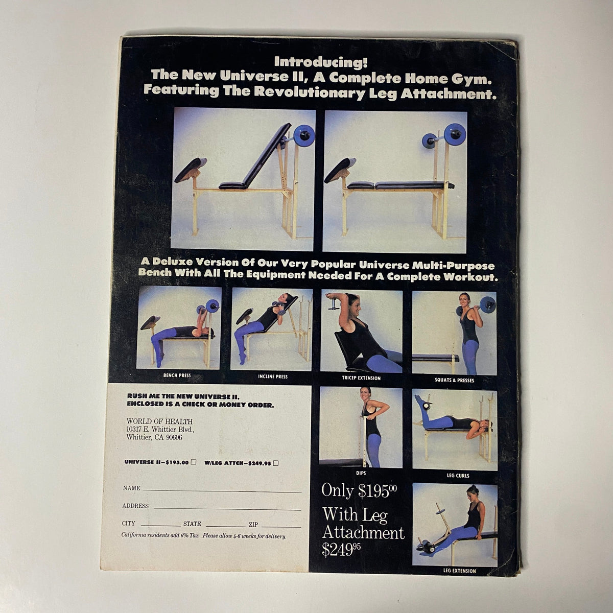 Back cover of Muscle Digest Magazine February 1980 featuring an advertisement for the Universe II gym equipment, emphasizing its revolutionary leg attachment for a complete workout.
