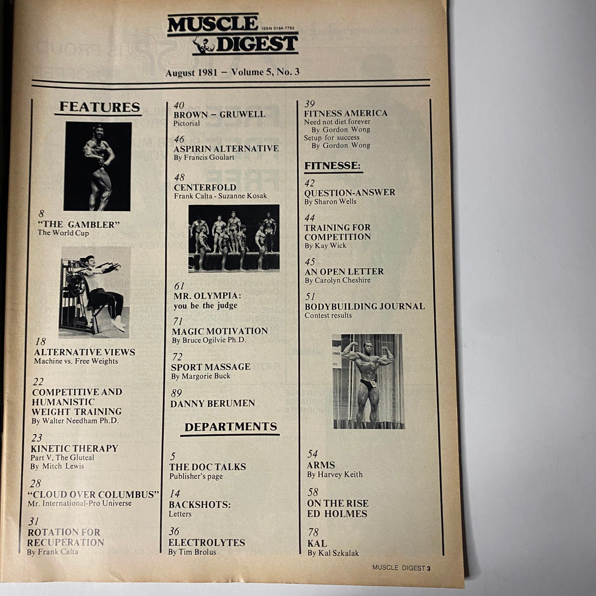 Table of contents from Muscle Digest Magazine August 1981, showcasing featured articles and departments.