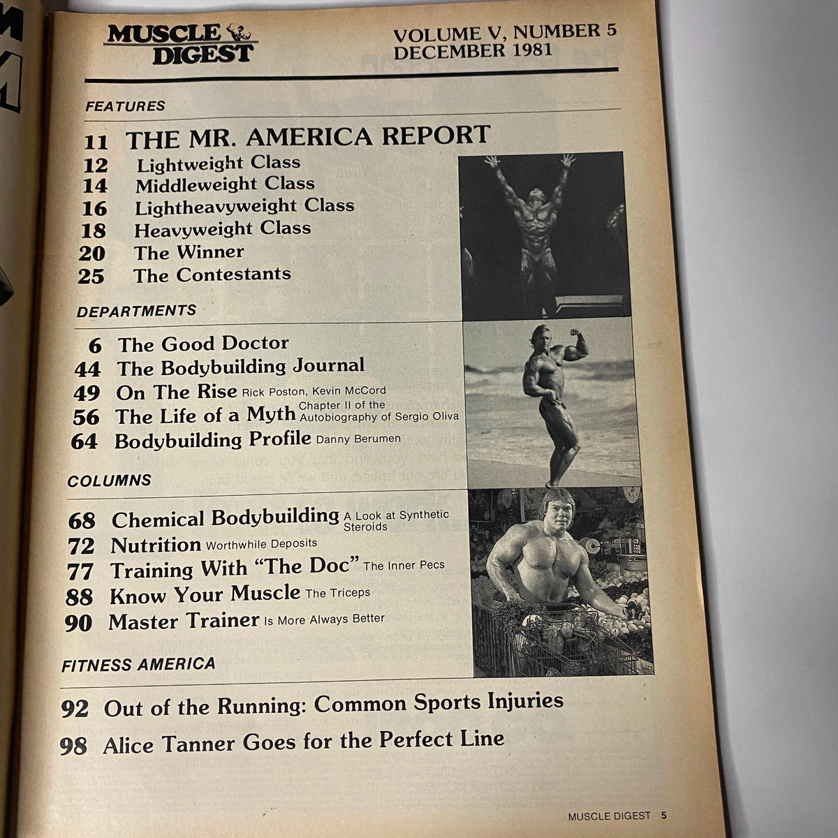Table of Contents for Muscle Digest Magazine December 1981 Vol 5 No 5, detailing articles such as The Mr. America Report, Chemical Bodybuilding, Nutrition, and Fitness America.