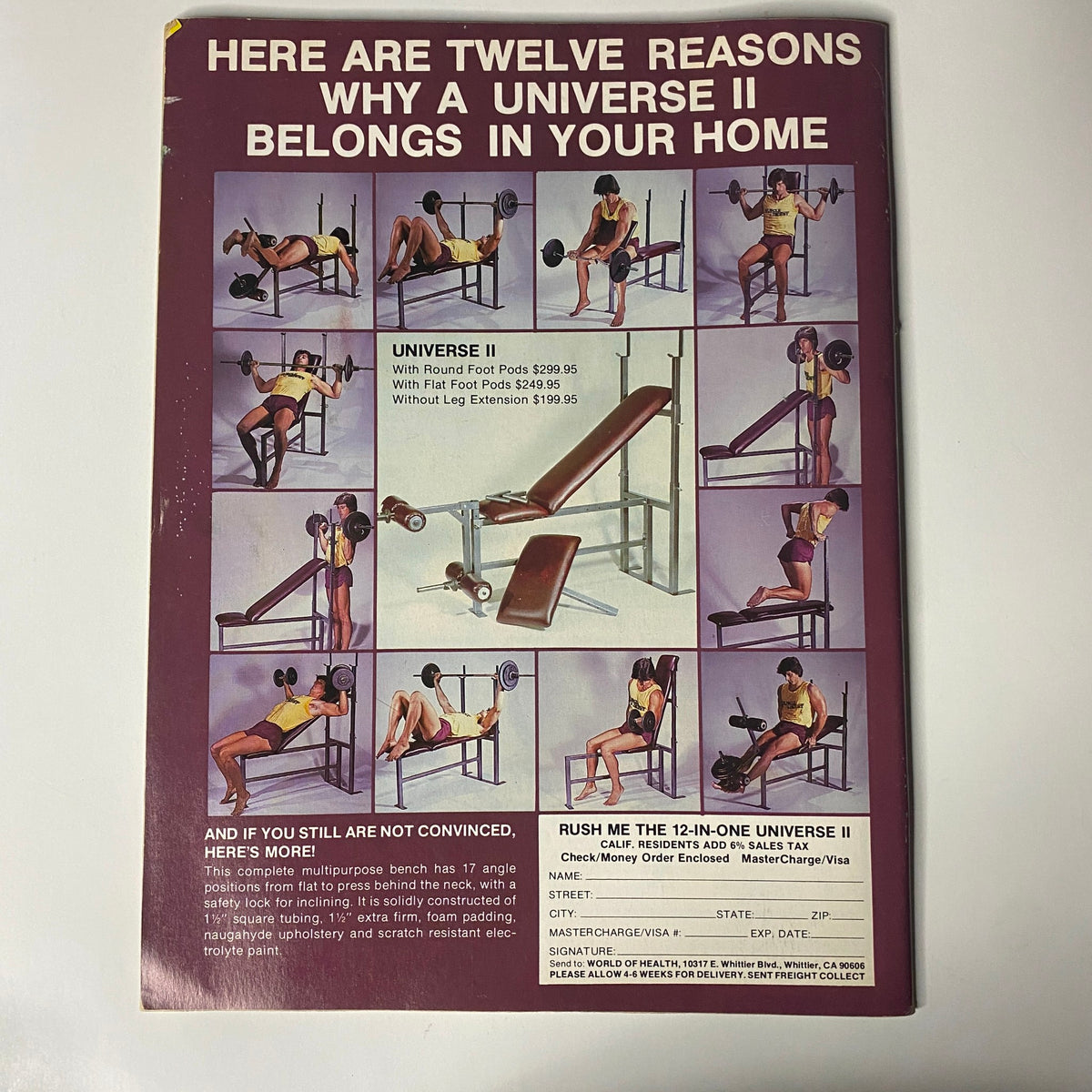 The back cover of the Muscle Digest Magazine December 1981, featuring a promotional graphic with workout equipment options including the Universe II.